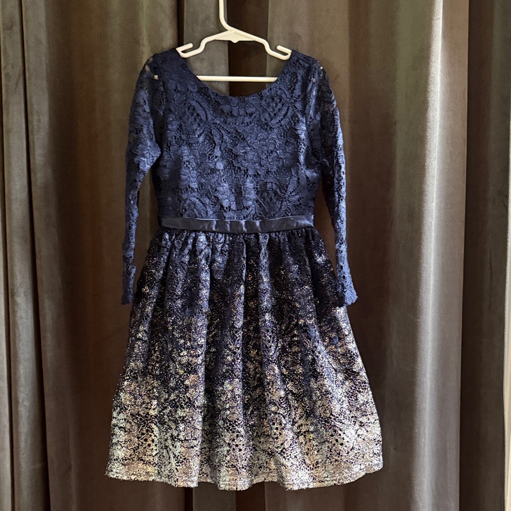 Us Angels Navy Lace Dress with Glitter Ombre Skirt